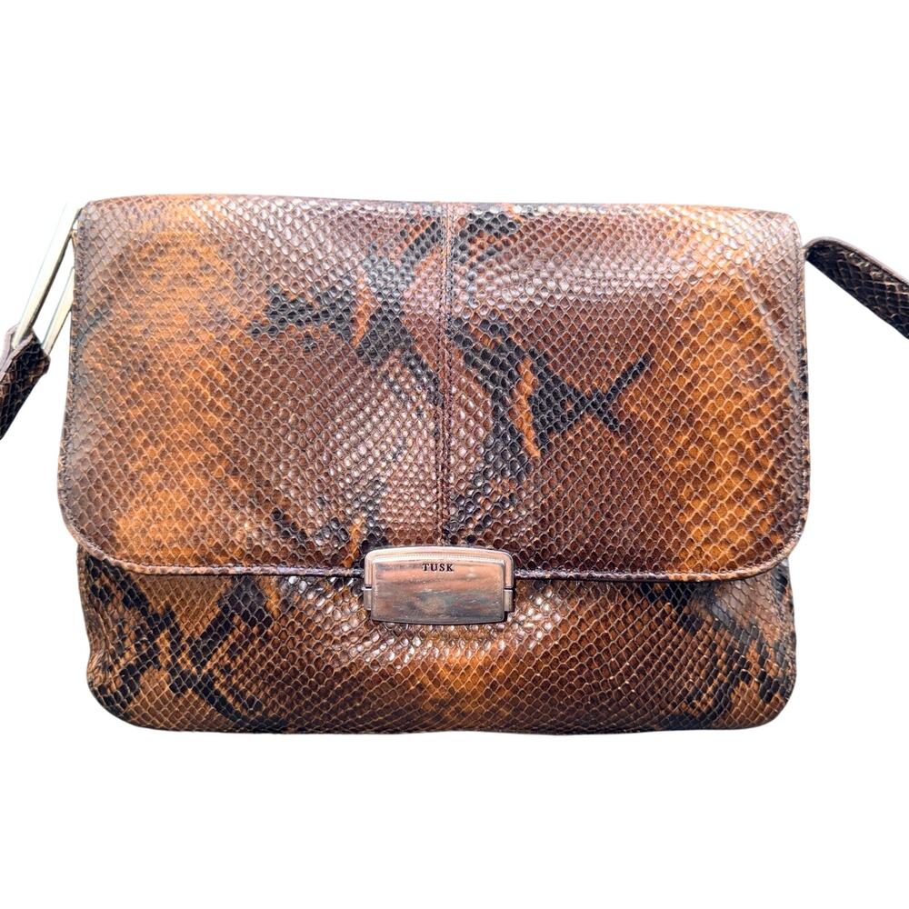 TUSK Genuine Python Snakeskin Brown Crossbody Shoulder Bag Vintage USA
